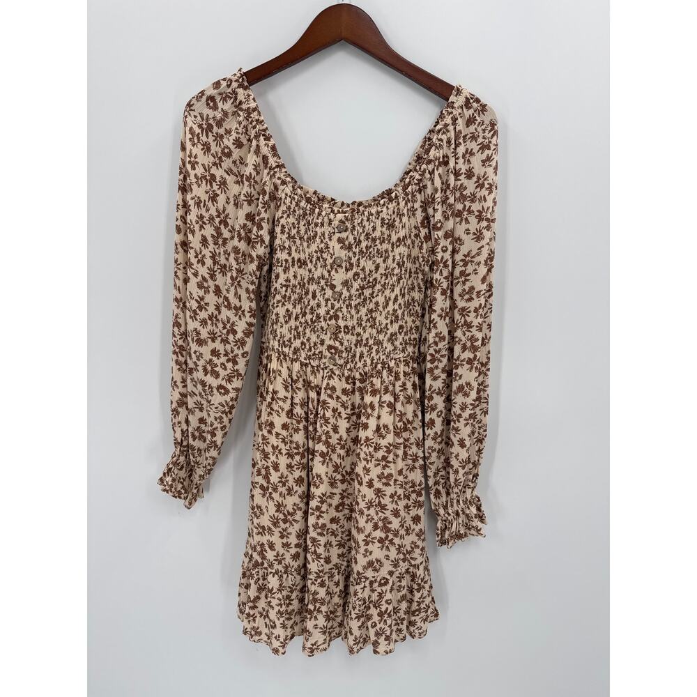 Promesa Womens Boho Brown Floral Smocked Mini Dress Long Sleeve Size Small